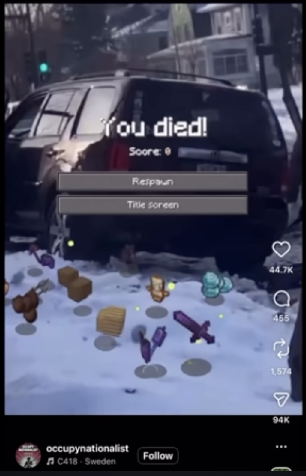 Kirk Minecraft death screen meme
