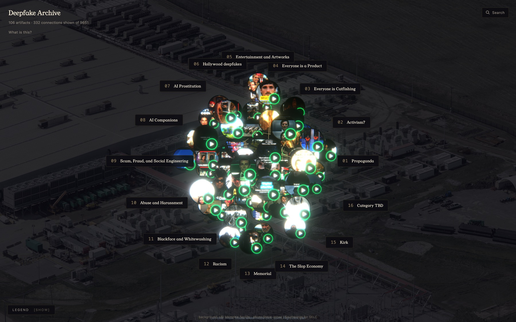 The archive drawn as a network graph of artifacts over an aerial view of a data centre, with sixteen labelled rooms