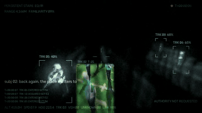 Close Enough drone feed excerpt: annotated overhead surveillance footage
