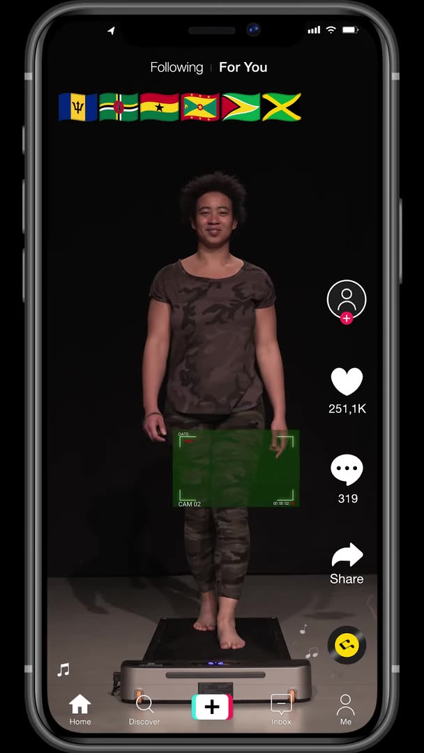 A drone scanning an outfit on a treadmill runway, staged as a social feed