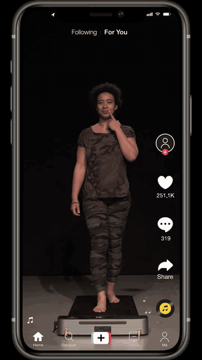 A drone scanning an outfit on a treadmill runway, staged as a social feed