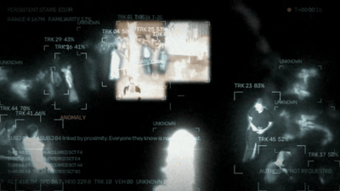 Annotated drone feed tracking multiple figures