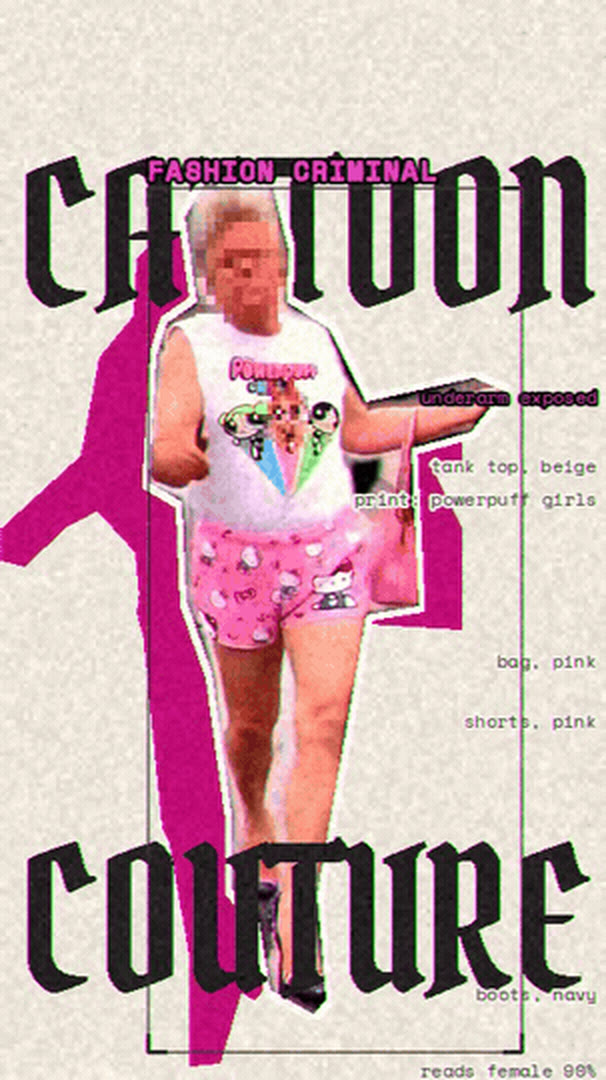 A verdict panel: an outfit annotated garment by garment and marked fashion criminal