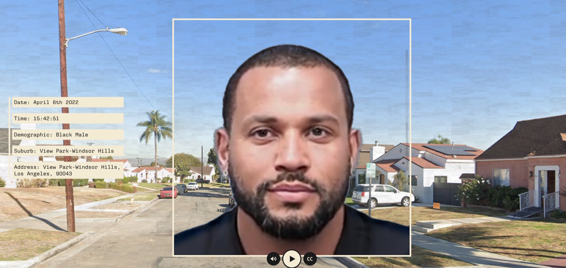 A generated composite victim narrating a forecast police encounter, over a street view