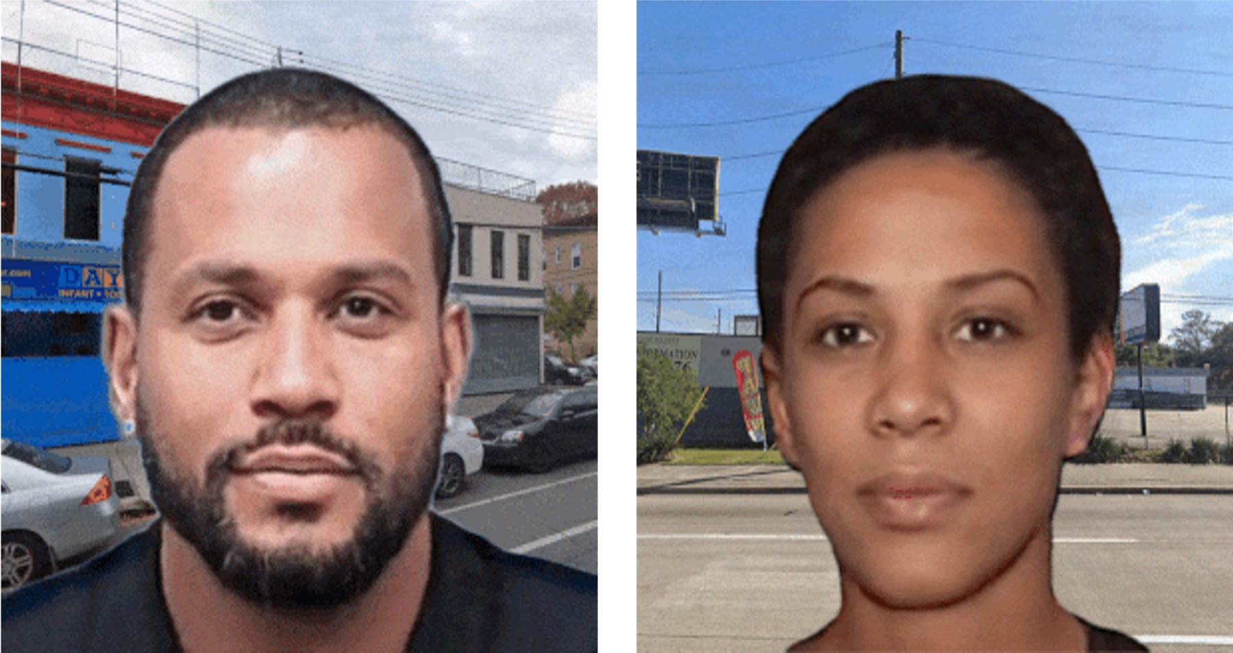 Two generated composite victims, each placed on the street where the forecast encounter would happen