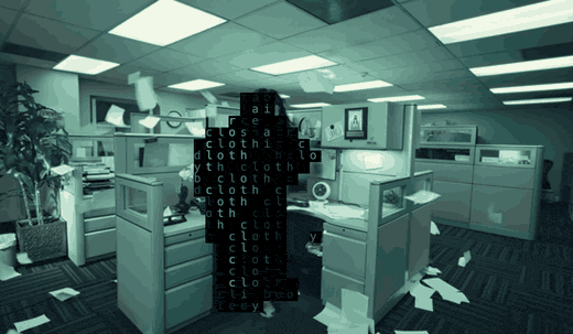 vidom running: a person in an office spelled out in the words hair, cloth and body, while the room behind them stays untouched
